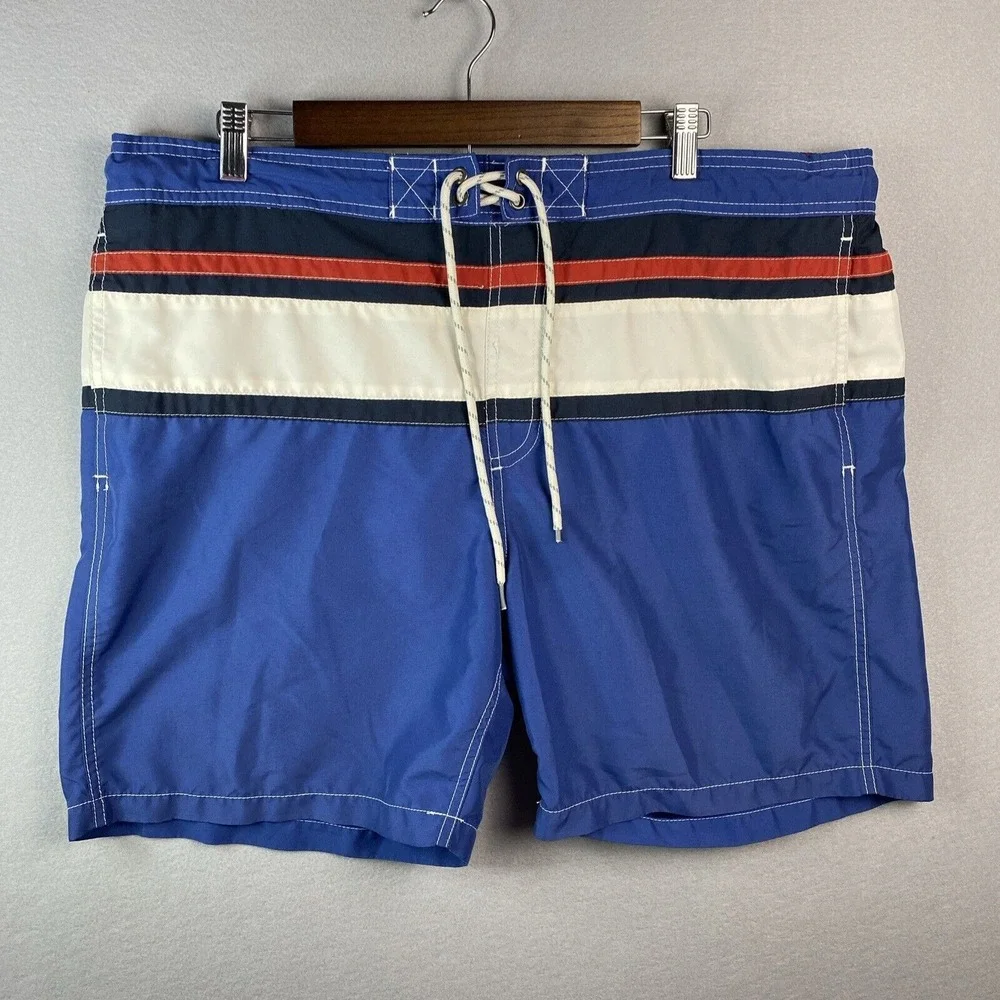 Boston Traders Men XL Swim Trunks Blue White Red Striped Mesh Lined Board Shorts